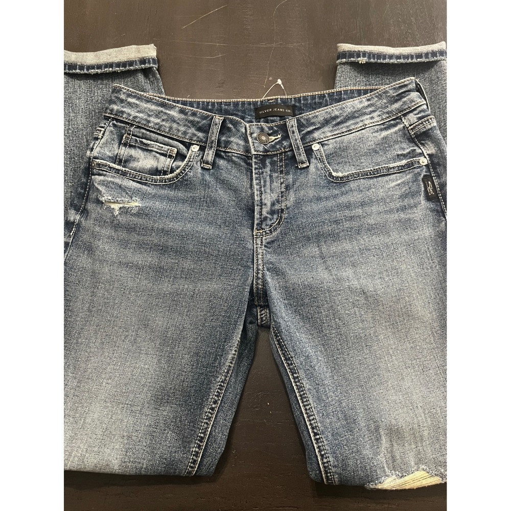Silver Jeans Co‎ Girlfriend Skinny Leg Mid Rise Distressed Jeans Womens W26 L31